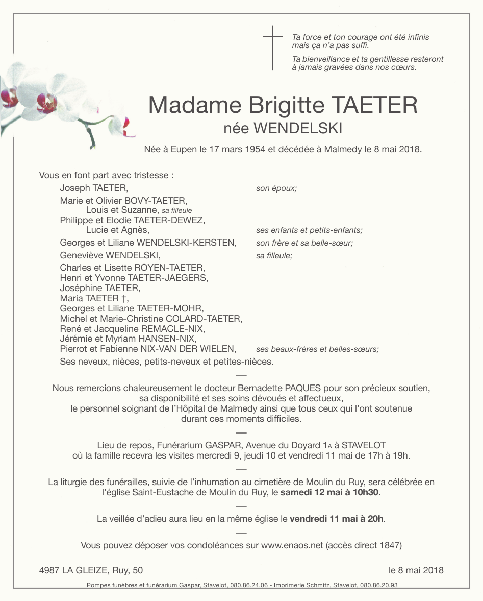 Deces De Madame Brigitte Wendelski 08 05 18 Fr Be Annonce
