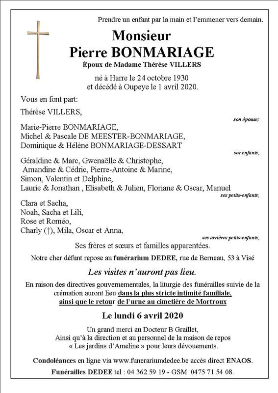 Deces De Monsieur Pierre Bonmariage 01 04 20 Fr Be Annonce Necrologique 304359