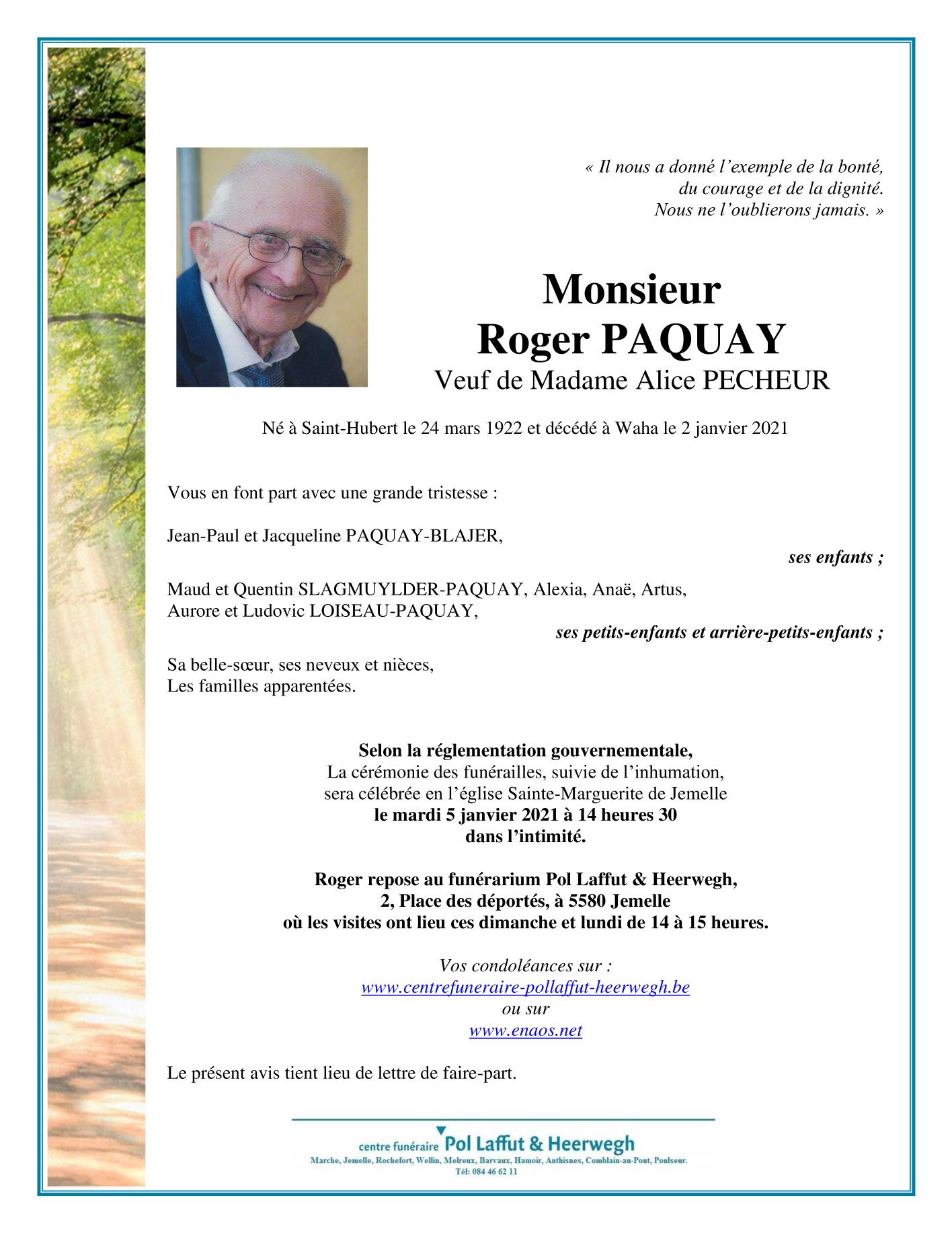 Avis De Décès Pompes Funèbres Generales St Pol-sur-ternoise