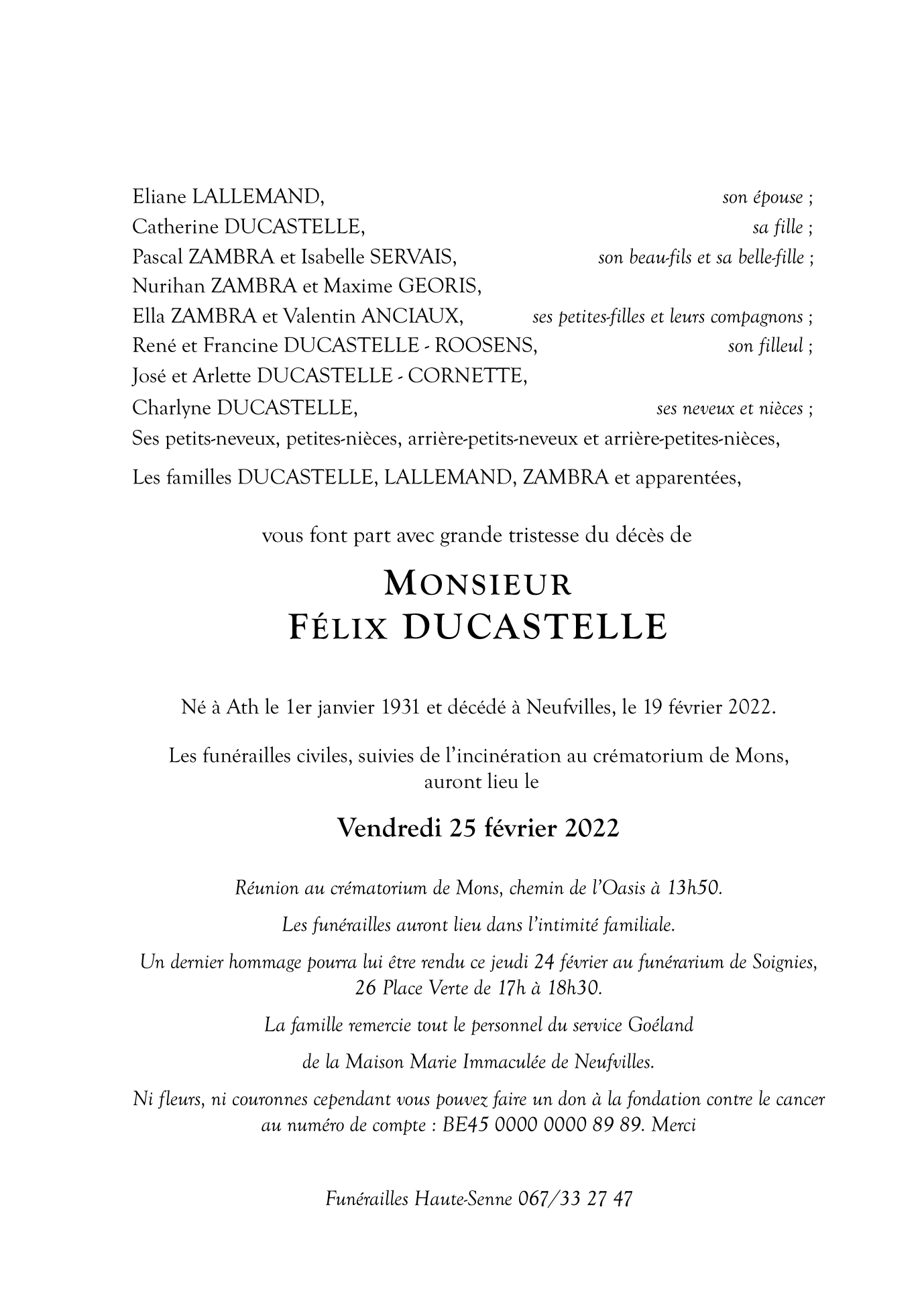 Décès de Monsieur Félix DUCASTELLE (190222), Annonce nécrologique