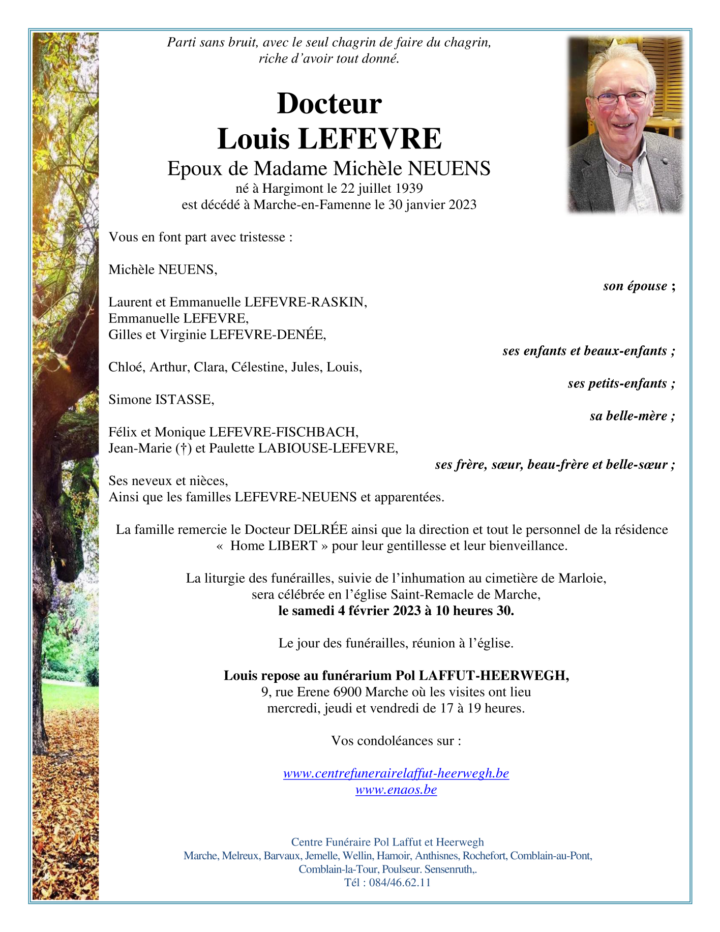 Décès de Docteur Louis LEFEVRE (300123), Annonce nécrologique