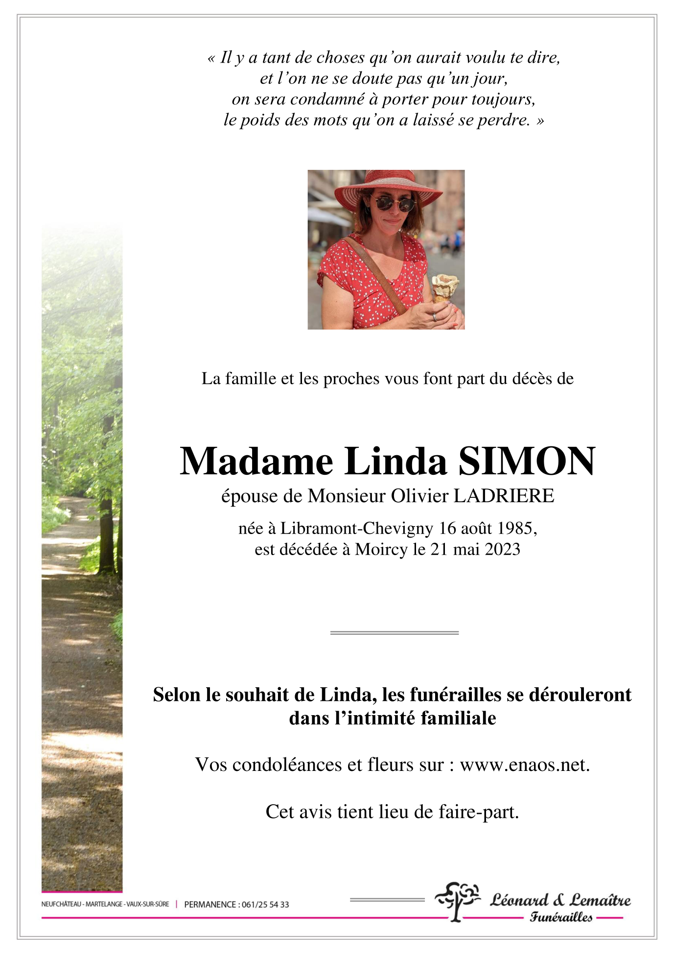 Décès de Madame Linda SIMON (210523), Annonce nécrologique