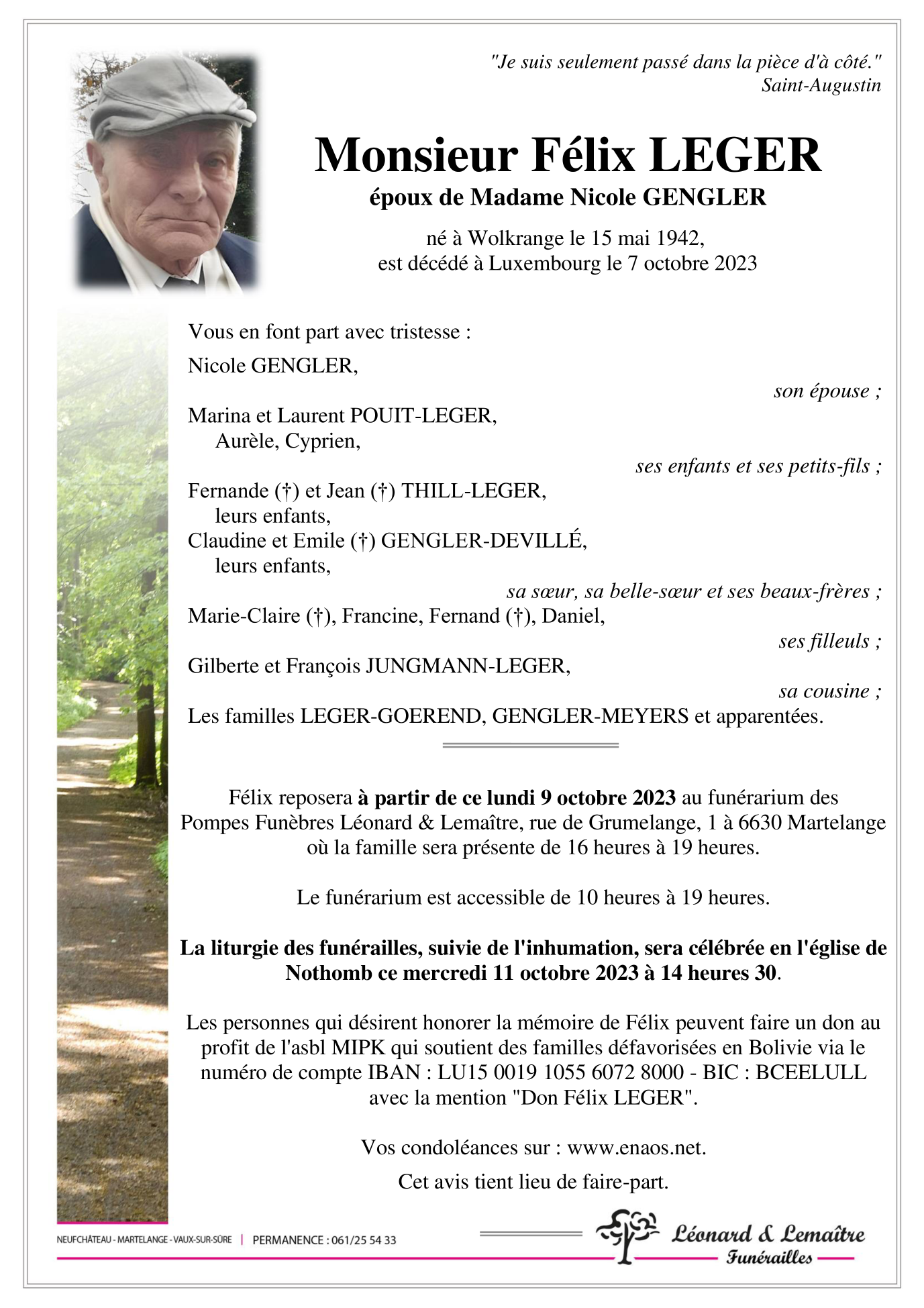 Décès de Monsieur Félix LEGER (071023), Annonce nécrologique